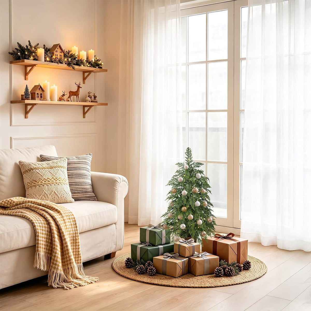 3ft Small Prelit Christmas Tree, 70 Warm White LEDs, Potted PE Cypress