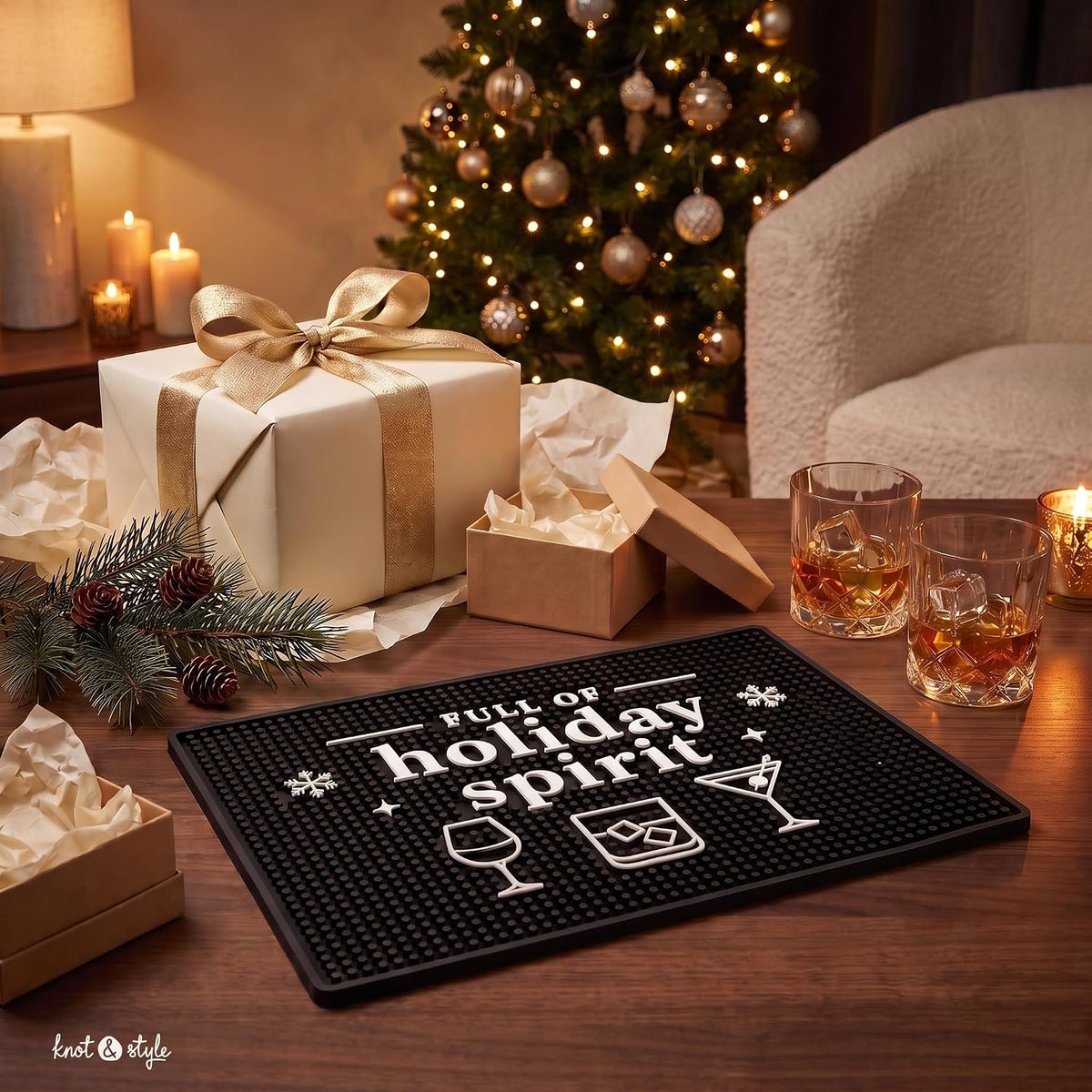 Christmas Bar Mat, Full of Holiday Spirit Bar Cart Decor, 18 x 12 in Rubber