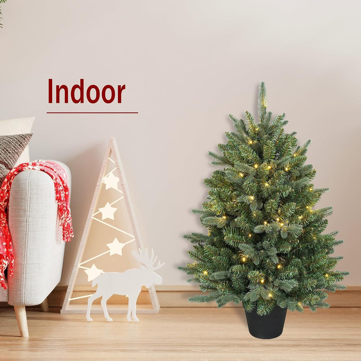 HomeKaren 3Ft Pre-Lit Artificial Christmas Tree Tabletop with 70 Warm Lights Battery Operated, Greenery Potted Christmas Tree for Indoor, Porch, Outdoor
