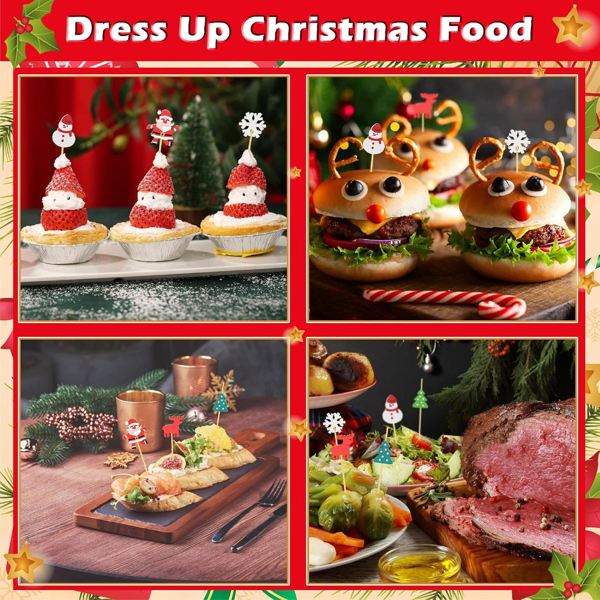 Christmas Cocktail Picks, 6 Style Christmas Theme Toothpicks for Appetizers