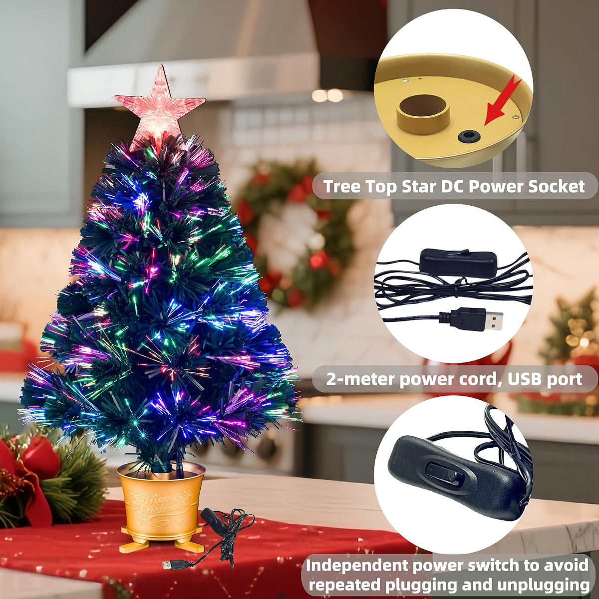 YUETJIN 24inch Green Pre-lit Small Fiber Optic Tabletop Christmas Tree