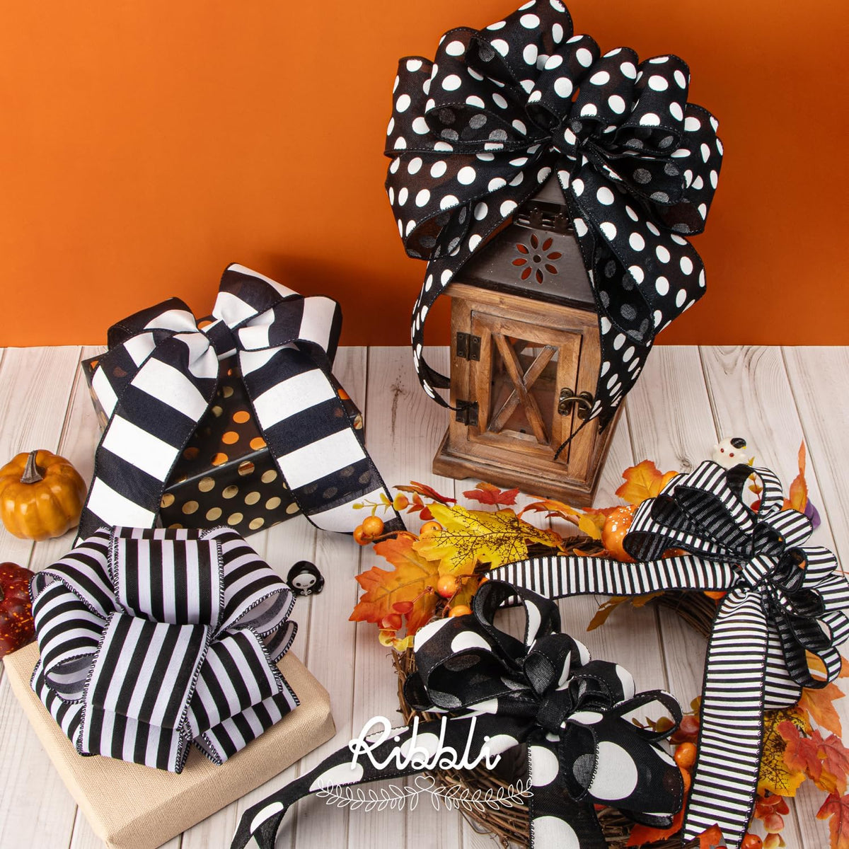 Ribbli Black and White Giant Polka Dot Wired Ribbon, 2-1/2 Inch x 10 Yard, Dots Burlap Ribbon for Craft, Wreath,Christmas Tree Decoration, Outdoor Decoration