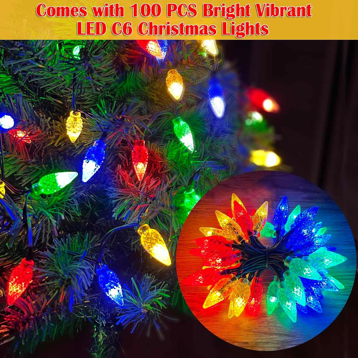 Upgraded Set of 2 Solar Christmas Tree, Outdoor Christmas Decorations,Prelit Xmas Tree w/ 100 LED Multi-color C6 String Lights for Outsdie Holiday Display Yard Front Porch Pathway Grave Cemetery Decor