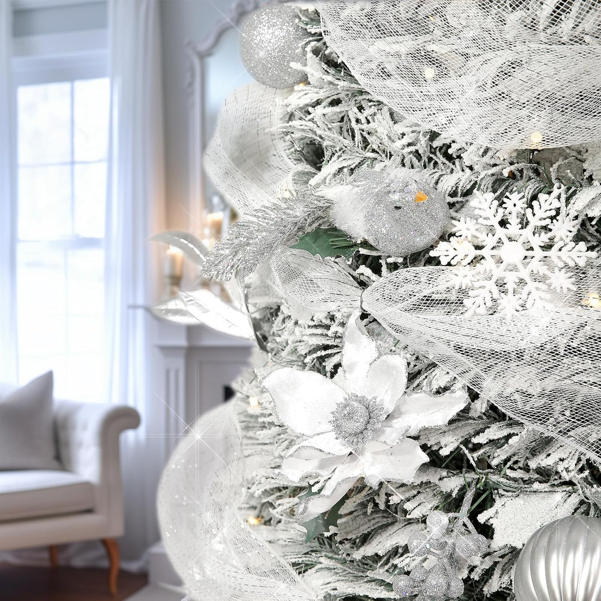 WBHome 6.5 FT Sliver & White Pop-Up Christmas Tree, Pre-Lit and Fully Decorated, Fire-Resistant Collapsible Outdoor Indoor Holiday Party Decor