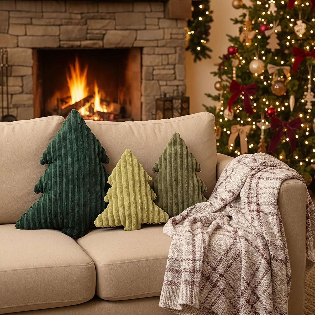 Christmas Decorations Plush Throw Pillows: Soft Green Velvet Christmas Tree Shaped Pillow, Cute Rustic Stuffed Cushion Xmas Decor Indoor for Kids Home Sofa Bed Couch Office Couch Living Room, Set of 3