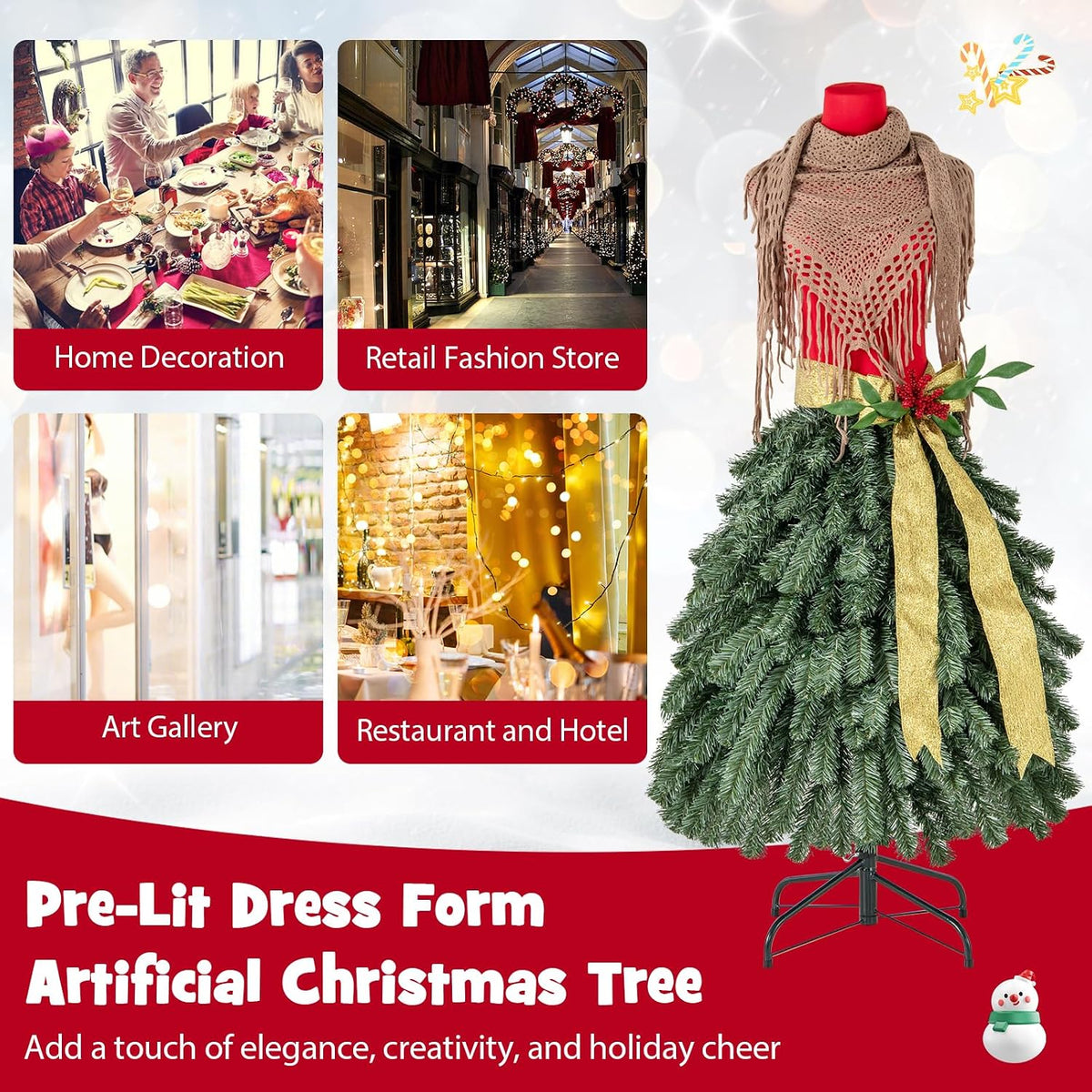 Goplus 5ft Pre-Lit Dress Form Christmas Tree, Artificial Xmas Tree with Female Mannequin Torso, Scarf, 248 Lush Branch Tips, 100 Warm White LED Lights, Metal Stand, Home Office Holiday Decoration