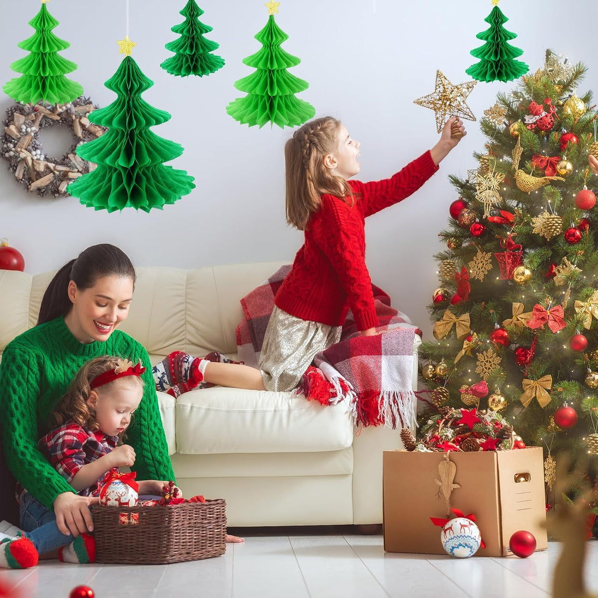 Whaline 6 Pack Christmas Honeycomb Paper Tree 3D Green Xmas Paper Trees Centerpiece Ceiling Hanging Tissue Pine Tree Star for Holiday Decoration, 3 Sizes