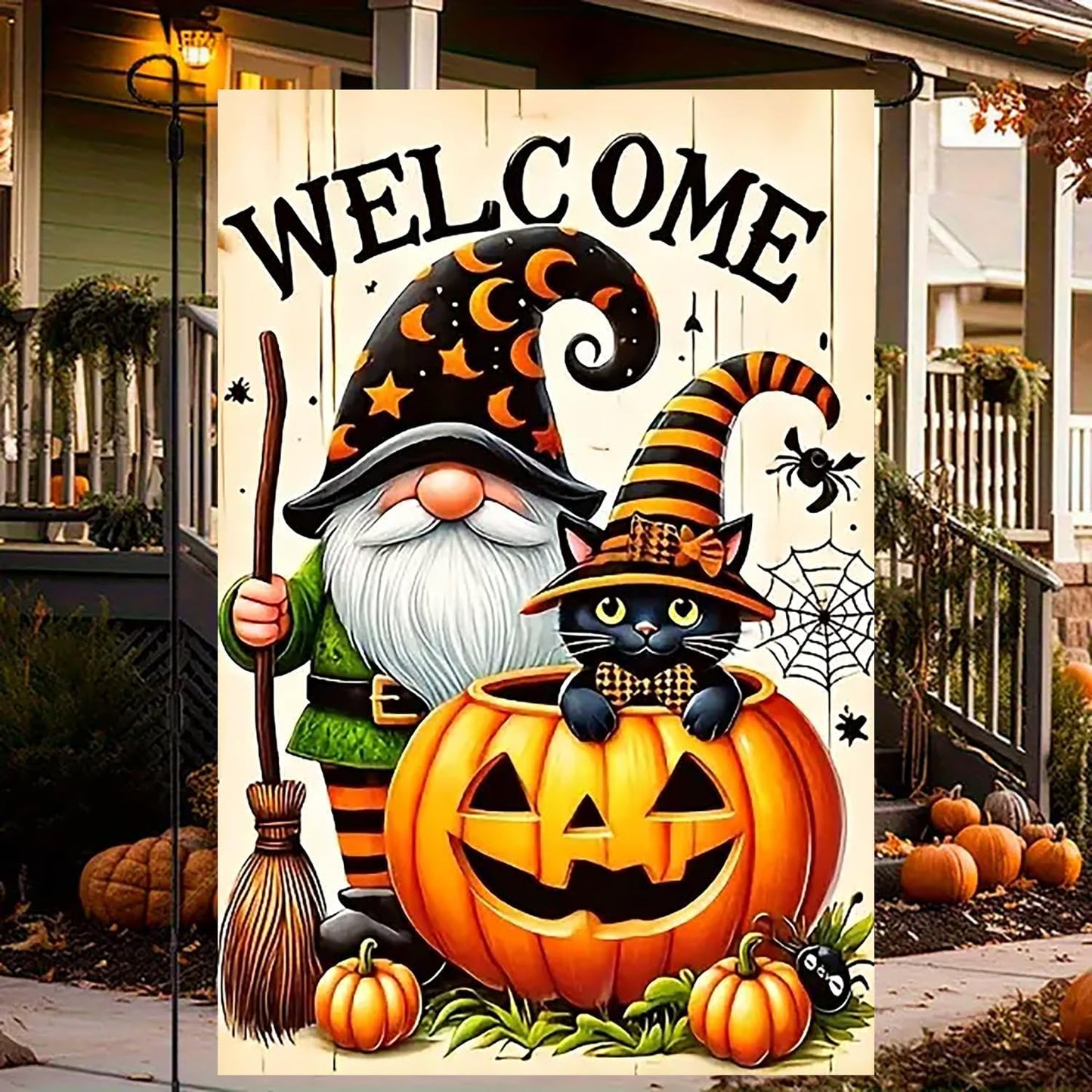12×18 Double-Sided Halloween Garden Flag with Gnome & Pumpkin Outdoor Welcome Décor | USA Decoration®