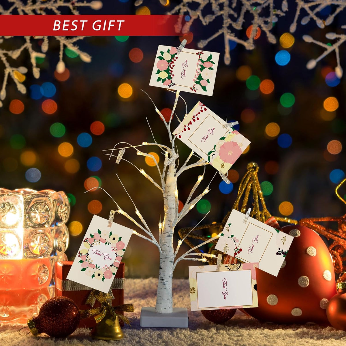 Retisee 4 Pieces Money Tree Gift Card Holder with 12 Clips & 24 LED Lighted Tips 2 FT White Birch Money Tree for Cash Memo Photo Picture Tabletop Display Christmas Birthday Party Wedding Gifts