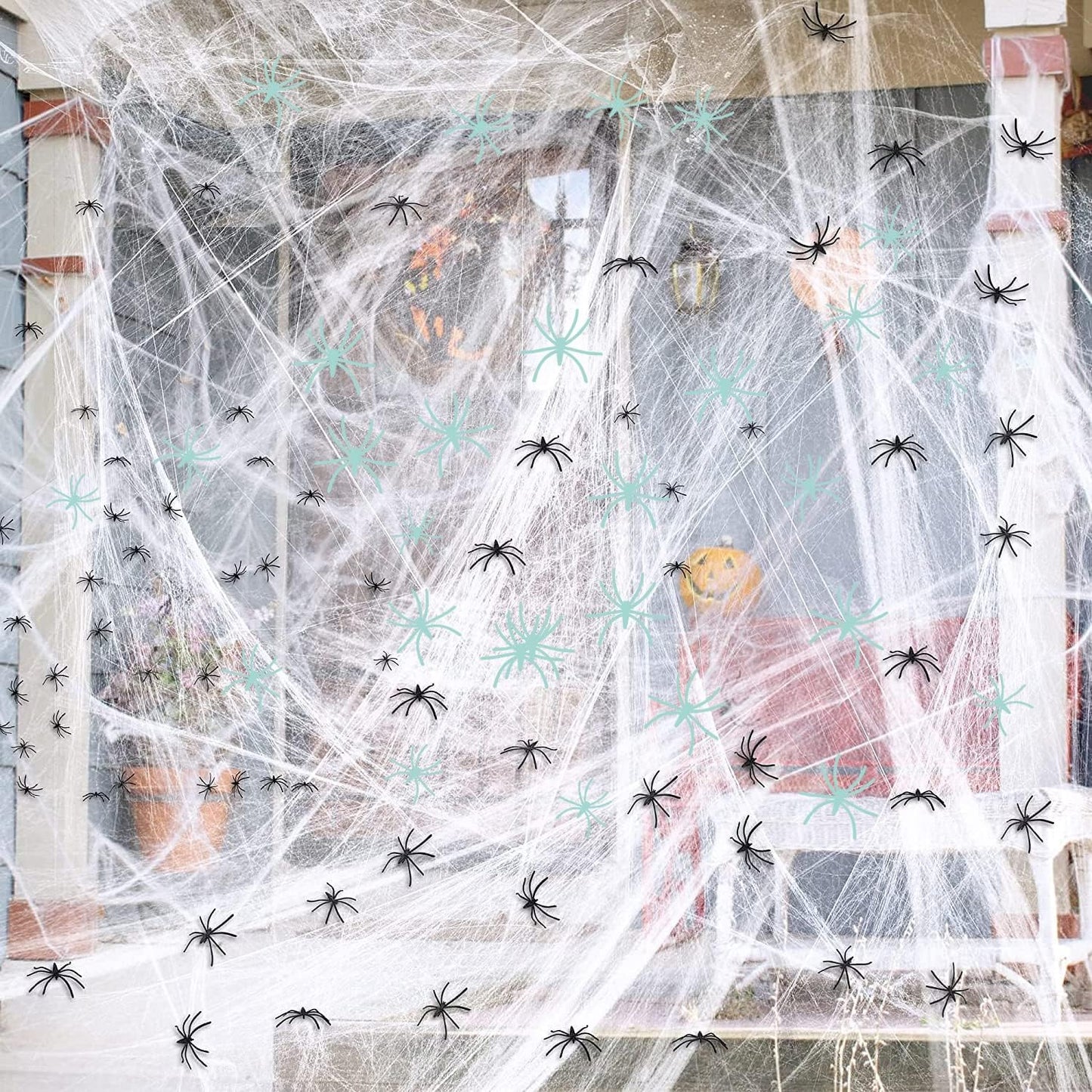 300 Sqft Stretch Spider Web Kit with 20 Spiders Halloween Cobweb Decoration | USA Decoration®