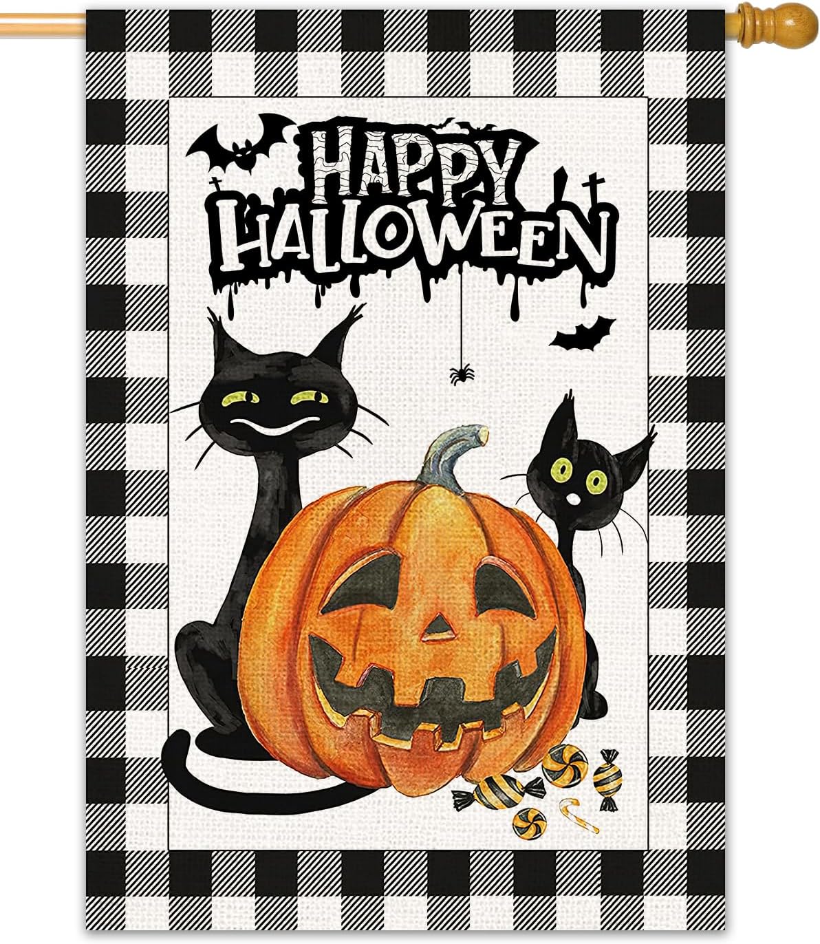 Halloween Pumpkin & Black Cat House Flag 28×40? Double-Sided Burlap Halloween Décor | USA Decoration®