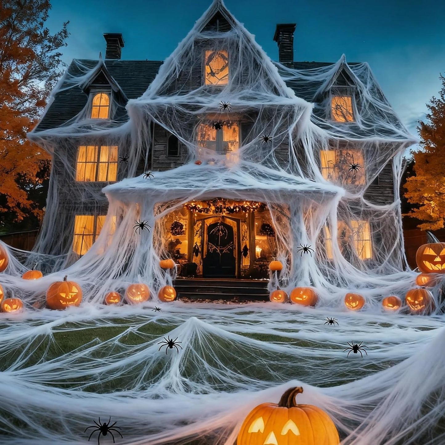 200 sq ft Spider Web Cobweb with 10 Spiders Halloween Fabric Webbing Decor | USA Decoration®