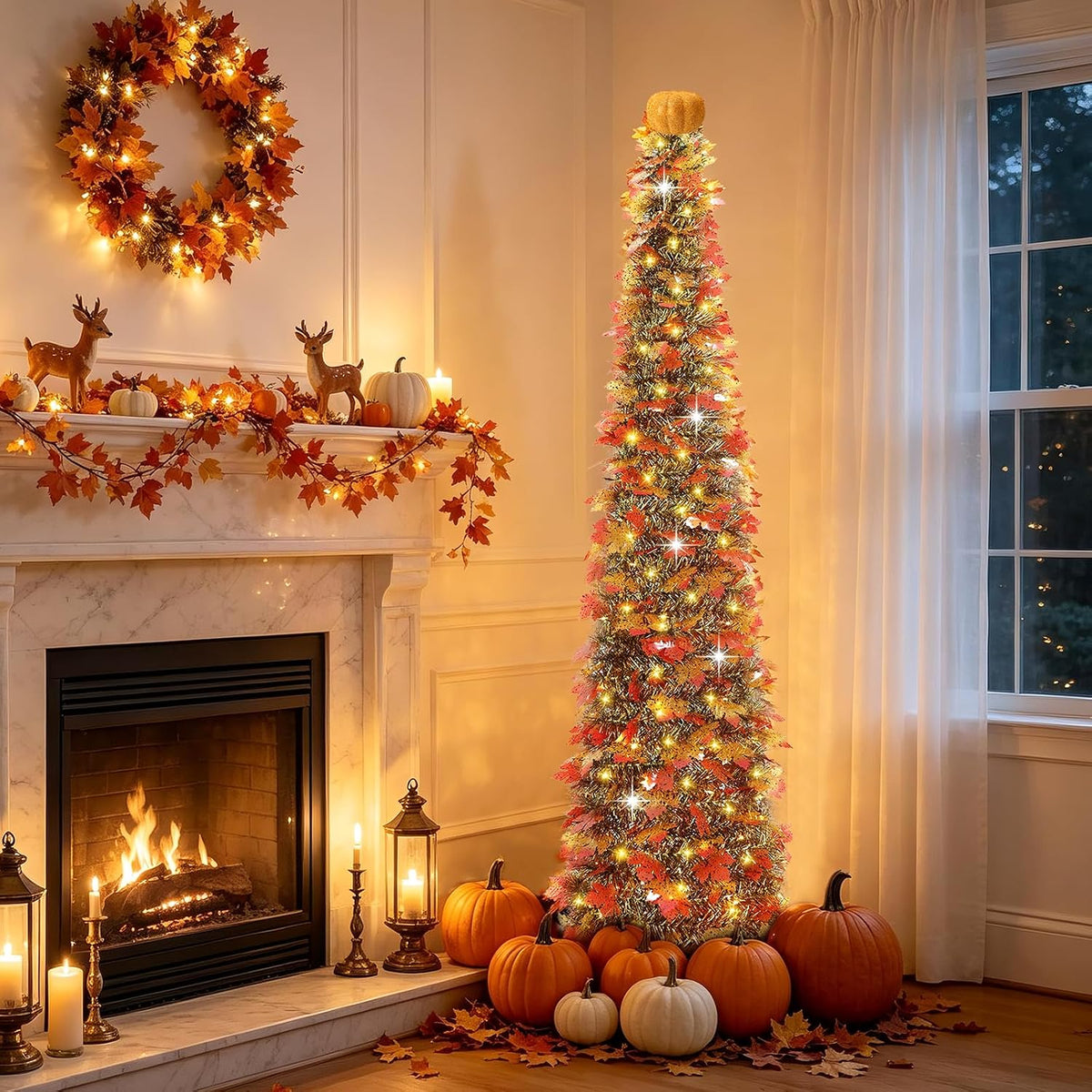 6 FT Pop Up Fall Tree with 100 LED Timer Lights & Pumpkin, Collapsible Maple Leaves Tinsel Thanksgiving Tree for Home Office Apartment Porch Autumn Christmas Holiday Decoration