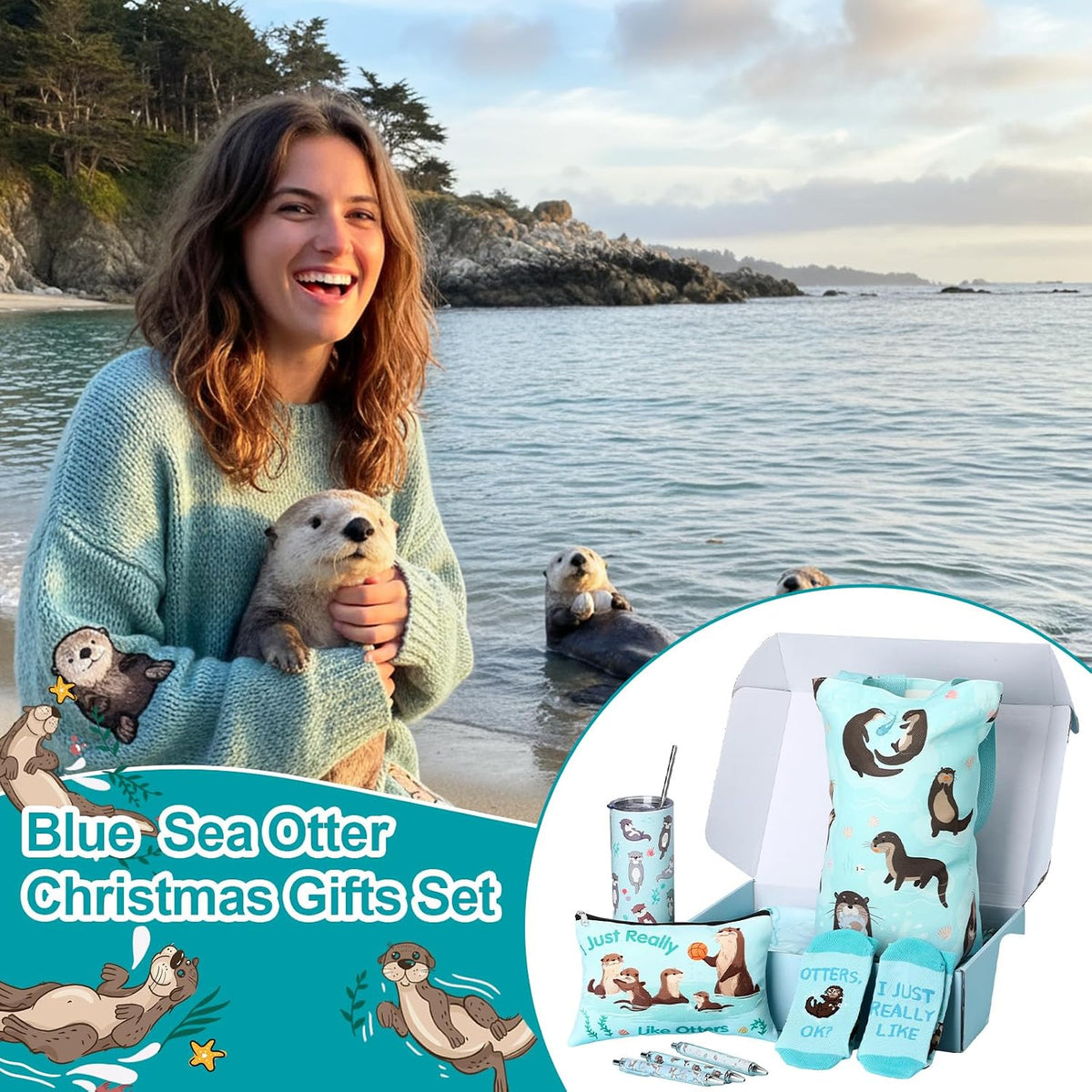 JenPen 10 Pcs Blue Sea Otter Gift Set, 20 oz Tumbler Blanket Socks