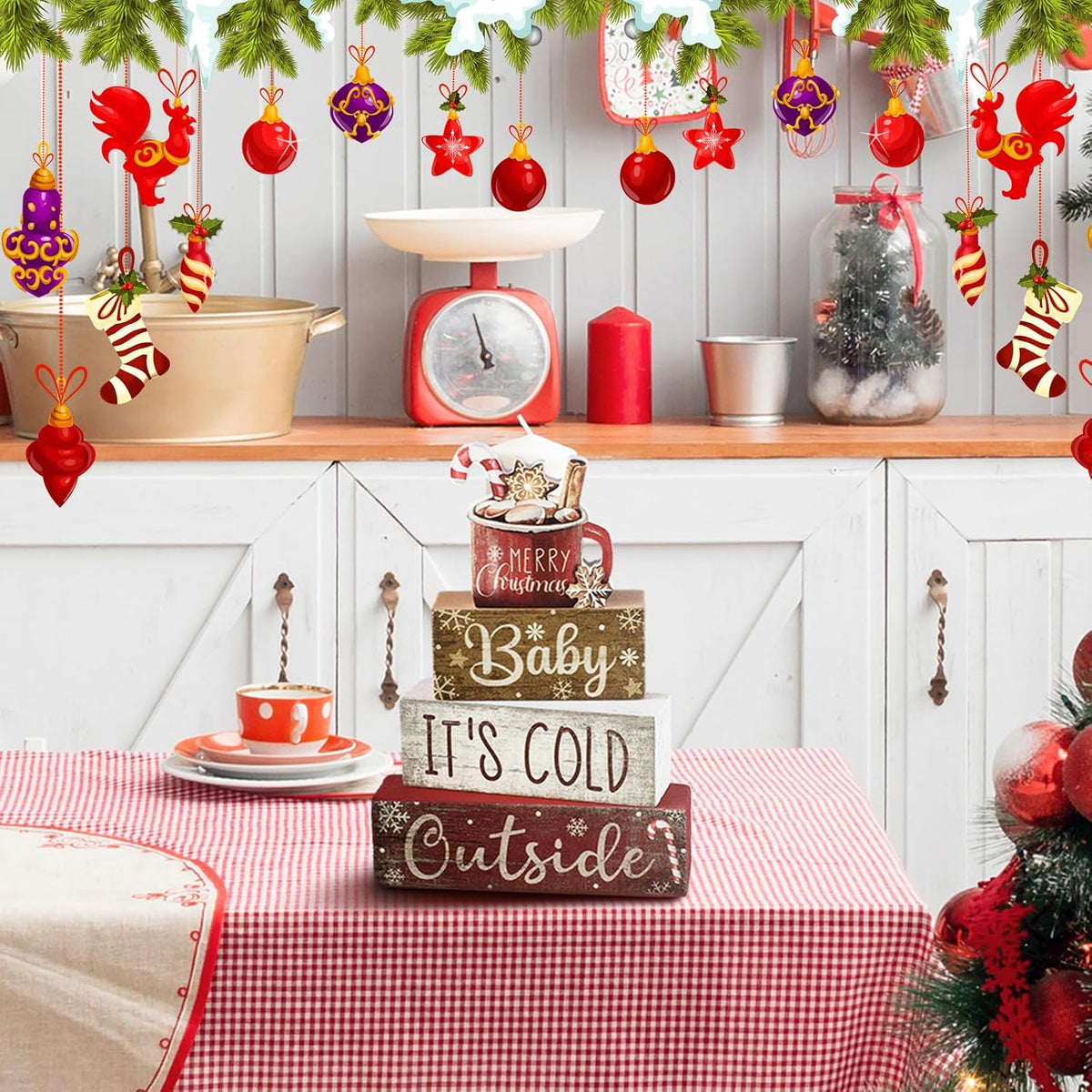 Moucuny 4 Pcs Christmas Table Decorations Indoor, Hot Cocoa Wood Block Sign