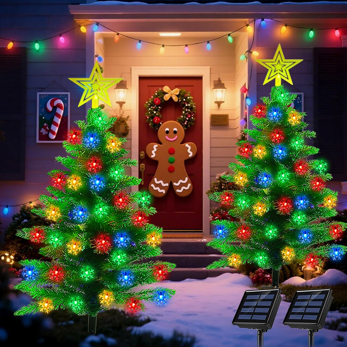 2 Pack 3.6Ft Solar Christmas Tree with 100 Snowflake Lights, Waterproof Christmas Decorations Outdoor, Solar Christmas Lights Outdoor Xmas Tree for Yard, Pathway, Porch, Cemetery, Holiday Decor
