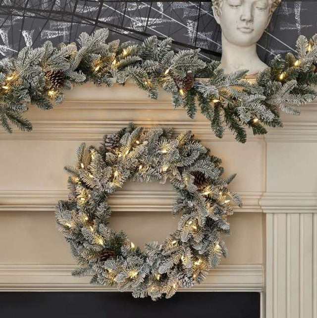 9' Lexington Fir Flocked Garland with Warm White LED Lights Pre-Lit Plug-In Christmas Garland for Mantels, Staircases & Holiday Displays