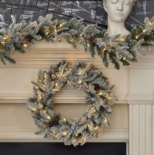 9' Lexington Fir Flocked Garland with Warm White LED Lights Pre-Lit Plug-In Christmas Garland for Mantels, Staircases & Holiday Displays