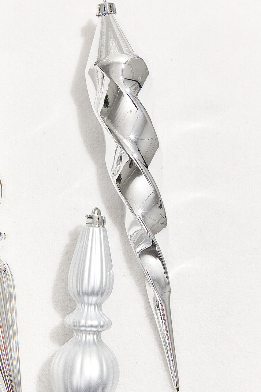 12" Silver Finial Christmas Ornaments Boxed Set of 4 Elegant Holiday Decorations