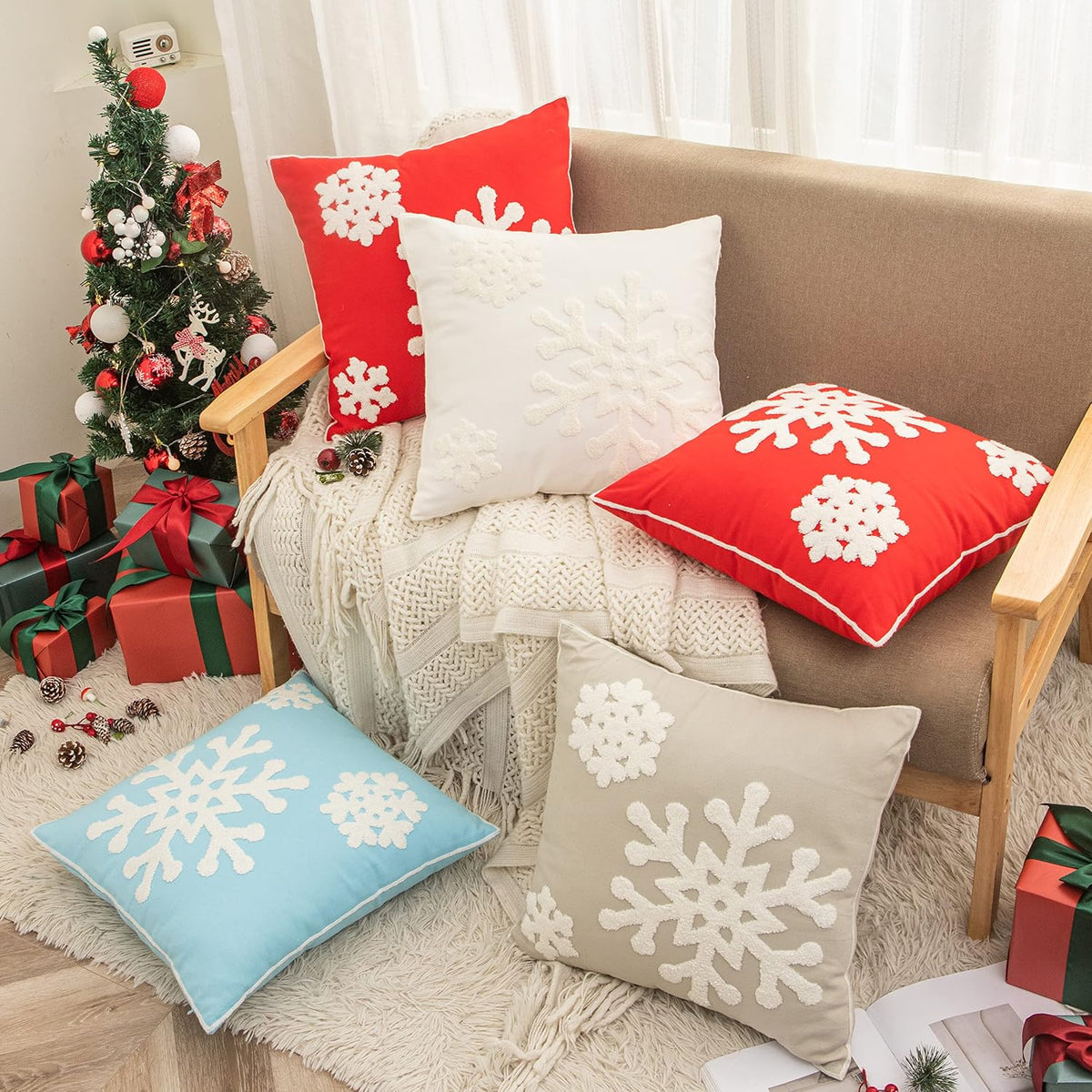 18x18,Cotton Christmas Blessing Throw Pillow Cover for Bed Sofa Cushion Car Snowflake Embroideried Pillowcases,1pair White