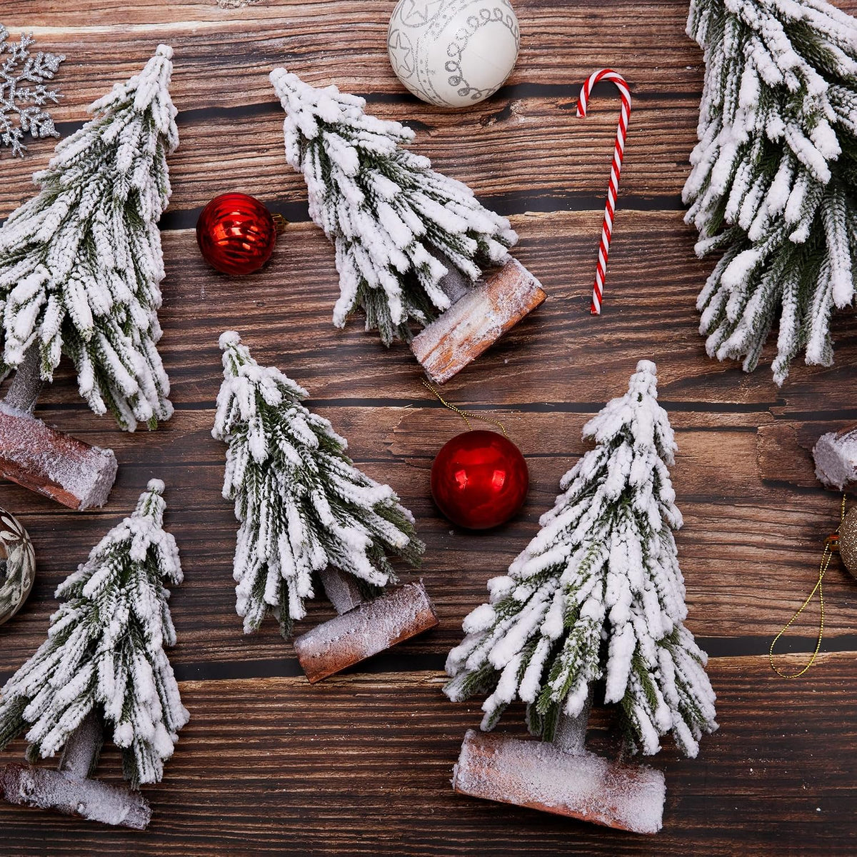6pcs Mini Christmas Tree Small Christmas Tree Artificial Separate Tabletop Trees with Spray Snow Wooden Bases for Winter Village Decorations Home Kitchen