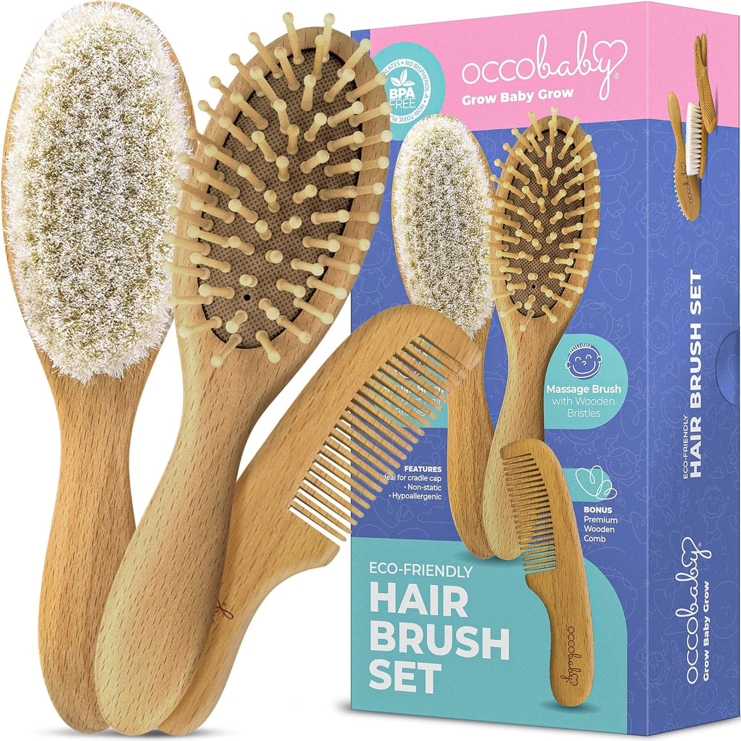 Wooden Baby Hair Brush Comb Set Soft Goat Bristles Cradle Cap Grooming
