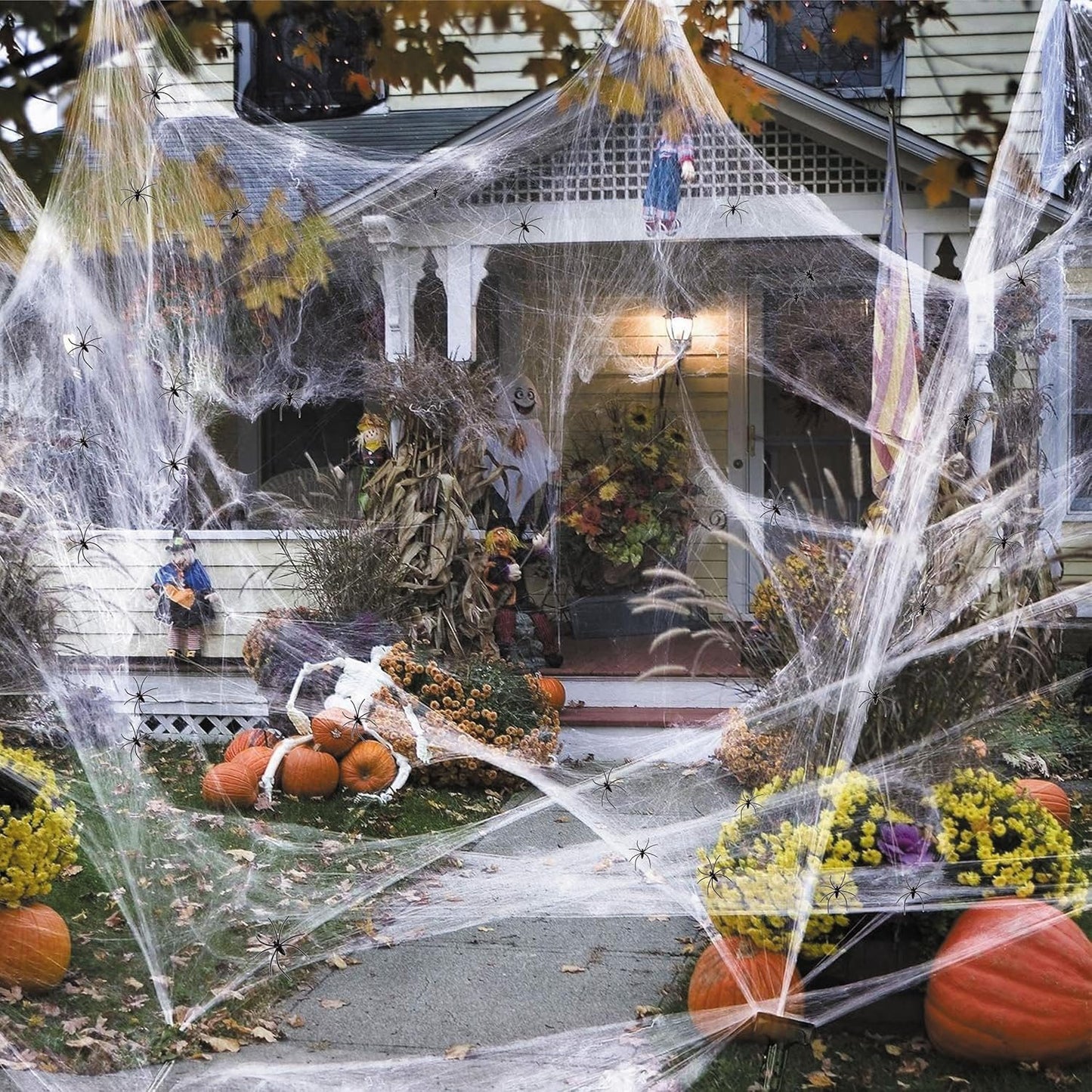 Stretchable Halloween Spider Web Decoration with 20 Fake Spiders Indoor & Outdoor Cobweb Kit | USA Decoration®