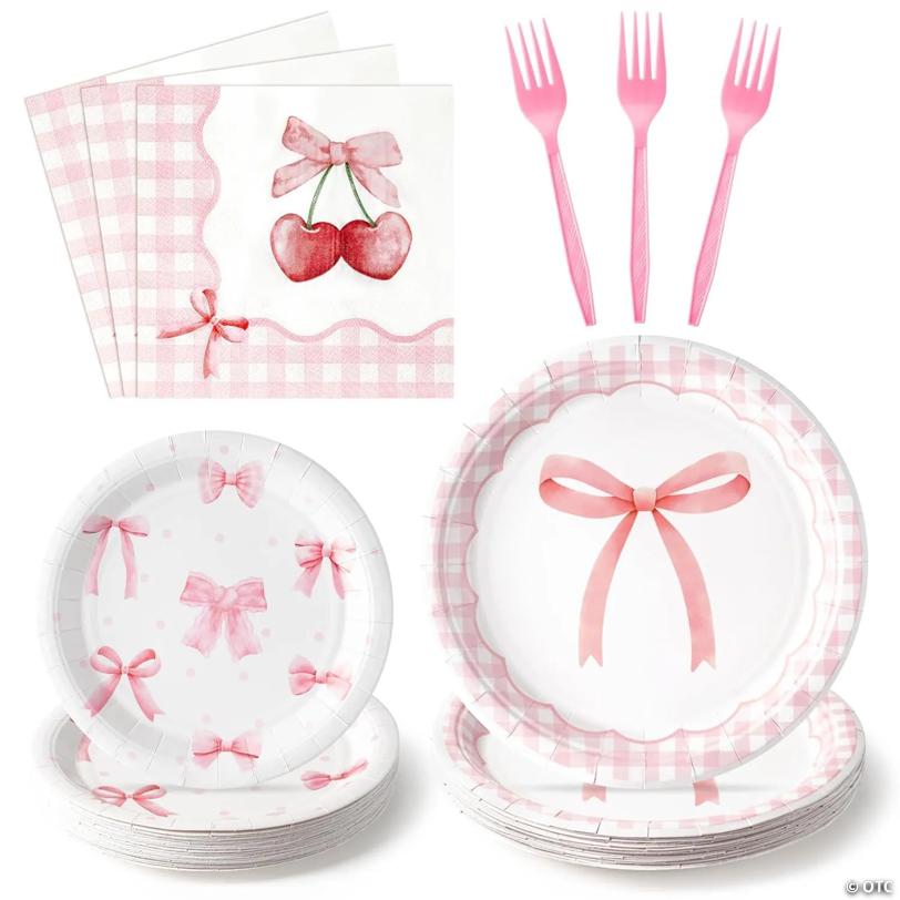 96pcs pink bow plates, napkins, forks for girls' parties, bachelorette, bridal, and birthdays | USA Decoration®