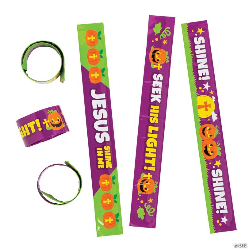 9" Christian Pumpkin Green & Purple Metal Slap Bracelets - 12 Pc.