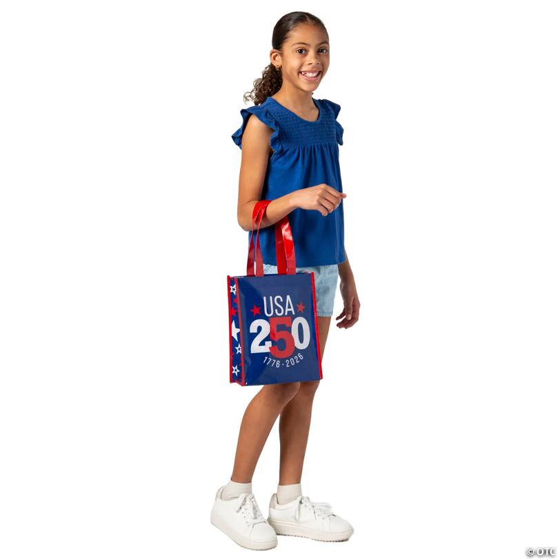9" x 11" Medium Patriotic America 250th Anniversary Laminated Shopper Tote Bags – 12 Pc.