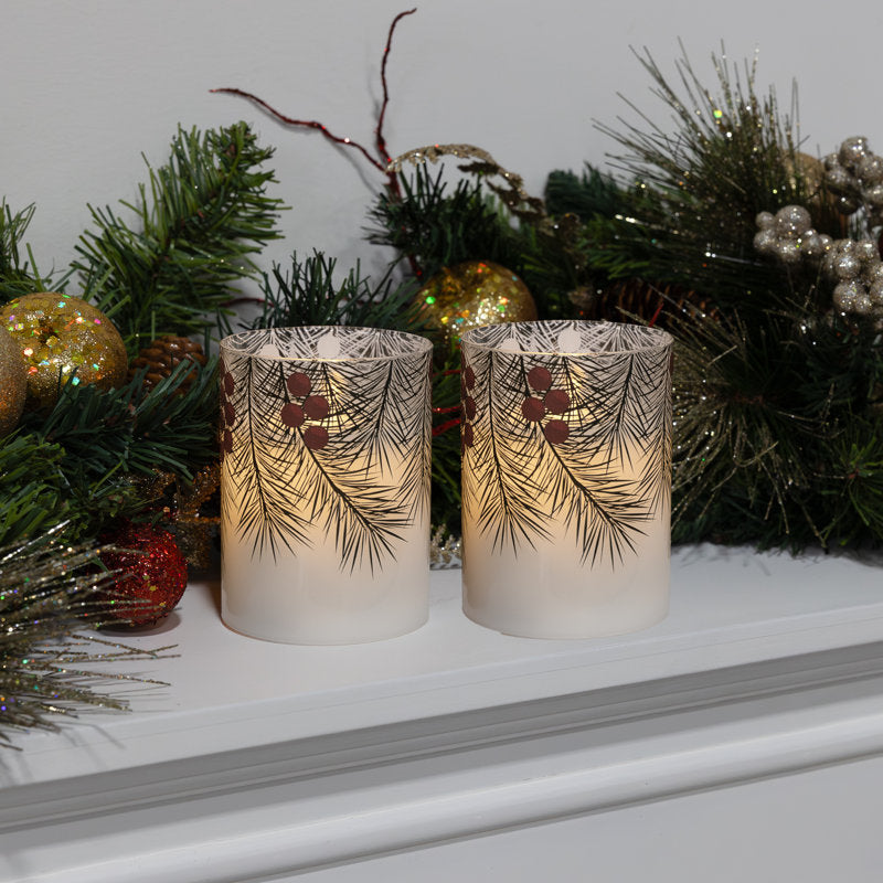 Battery Operated LED Glass Candles with Flickering Flame, Green Pines - 2 Piece