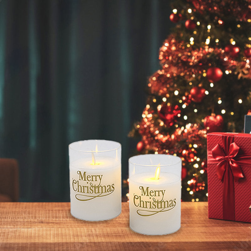 Battery Operated LED Glass Candles with Flickering Flame, Merry Christmas - 2 Piece