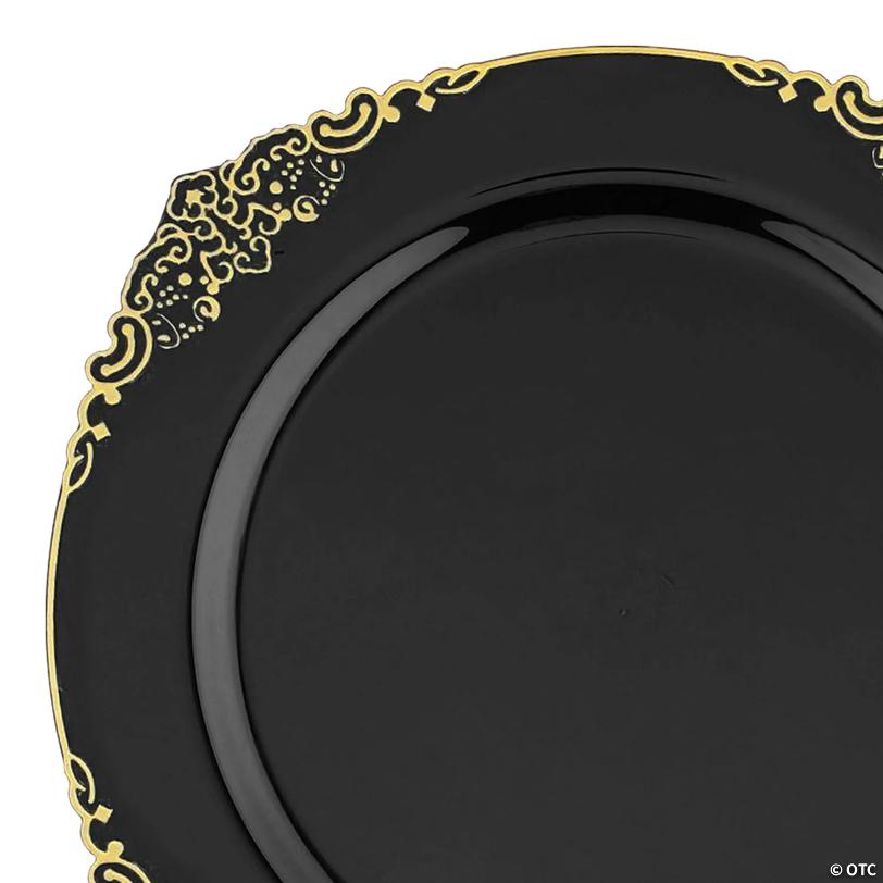 Black with Gold Fancy Round Disposable Plastic Dinner Plates (10.25") - (60 Plates) | USA Decoration®