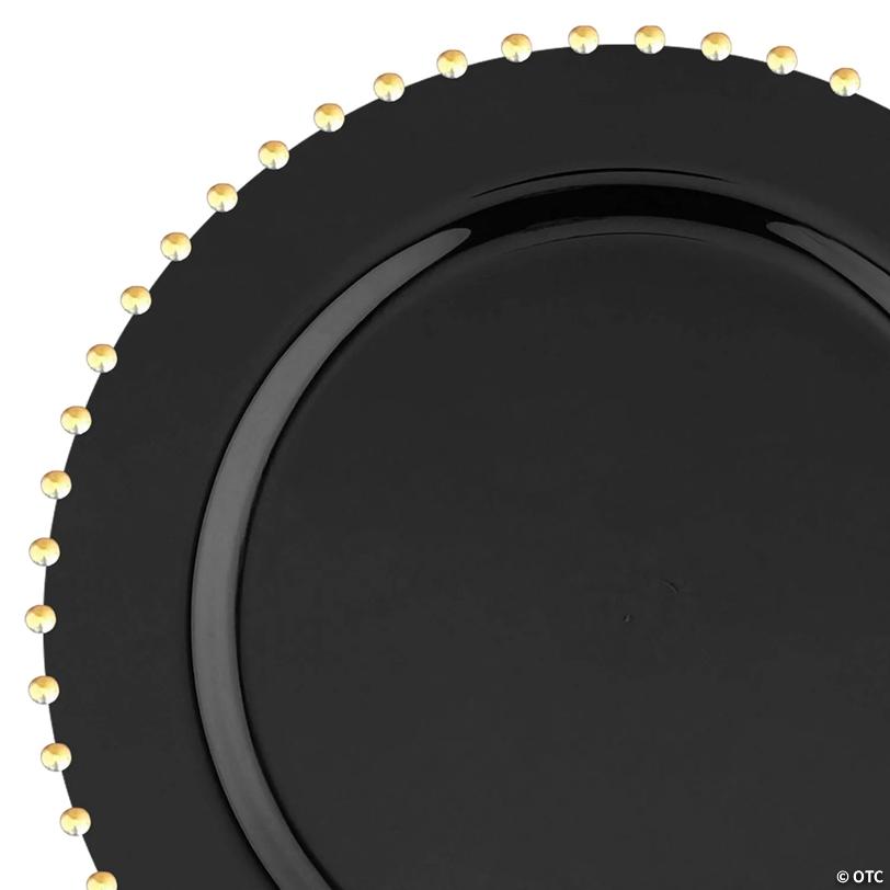 Black with Gold Pearl String Round Disposable Plastic Salad Plates (7") - (60 Plates) | USA Decoration®