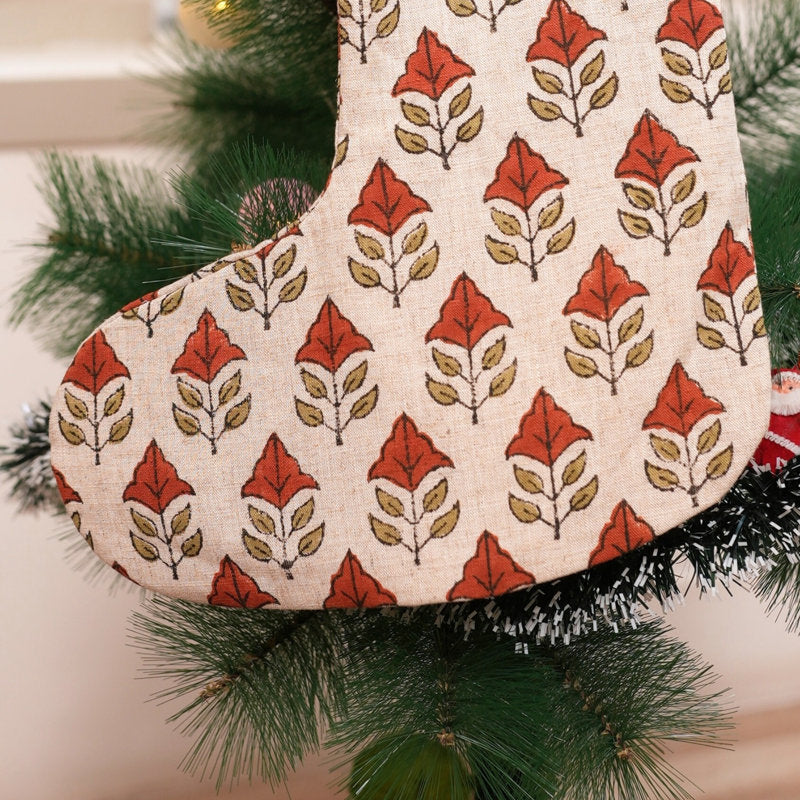 Boho Block Print Christmas Stocking Handmade Linen Festive Décor for Home & Gifting- Mayur