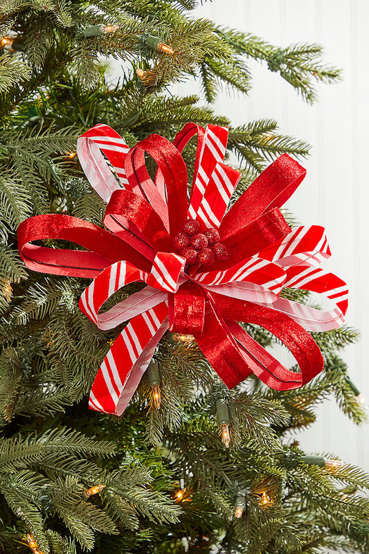 22? Red & White Ribbon Flower Stem Festive Holiday Accent