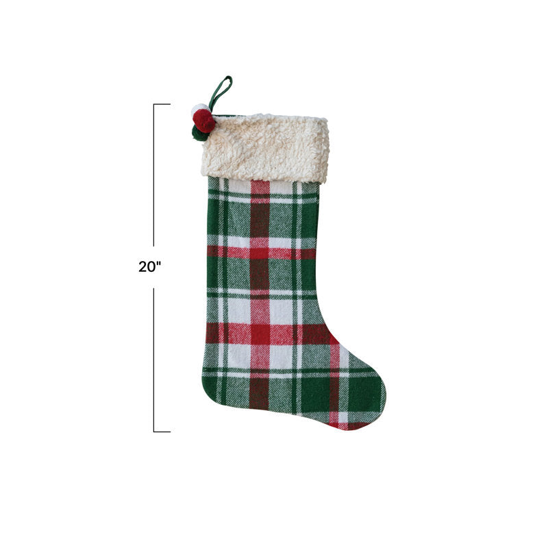 Brushed Cotton Flannel Stocking With Sherpa Cuff And Pom Poms