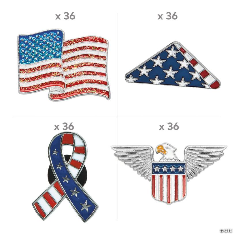 Bulk 144 Pc. Patriotic Enamel Pin Handout Kit