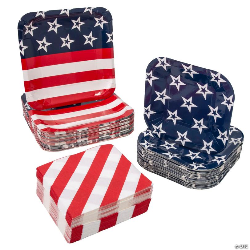 Bulk 200 Pc. Patriotic Party Disposable Paper Tableware Set for 50 Guests