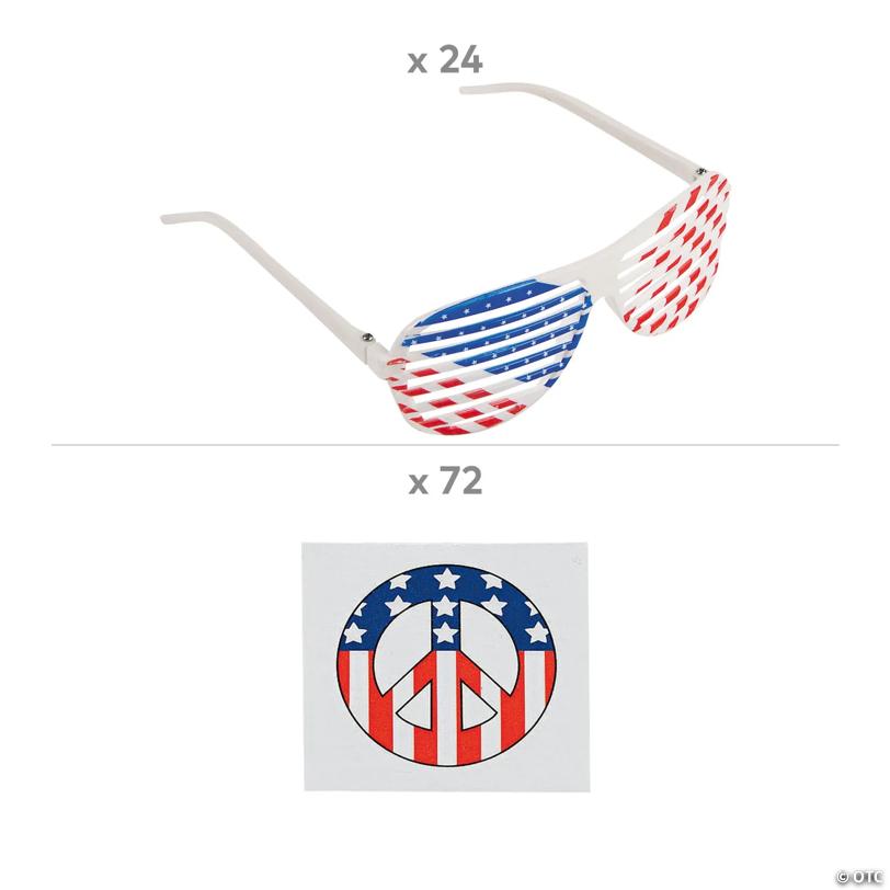 Bulk 96 Pc. Shutter Glasses & Tattoos Patriotic Party Favor Kit
