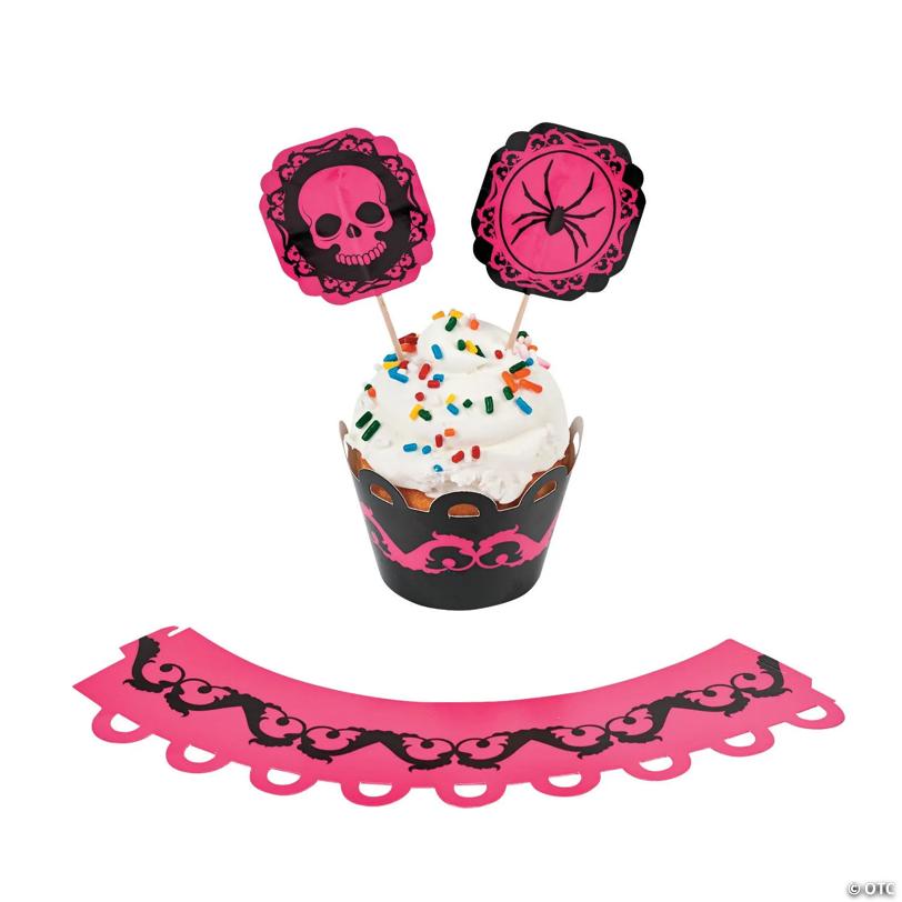 Bulk 100 Pc. Pink & Black Halloween Cupcake Wrappers with Picks