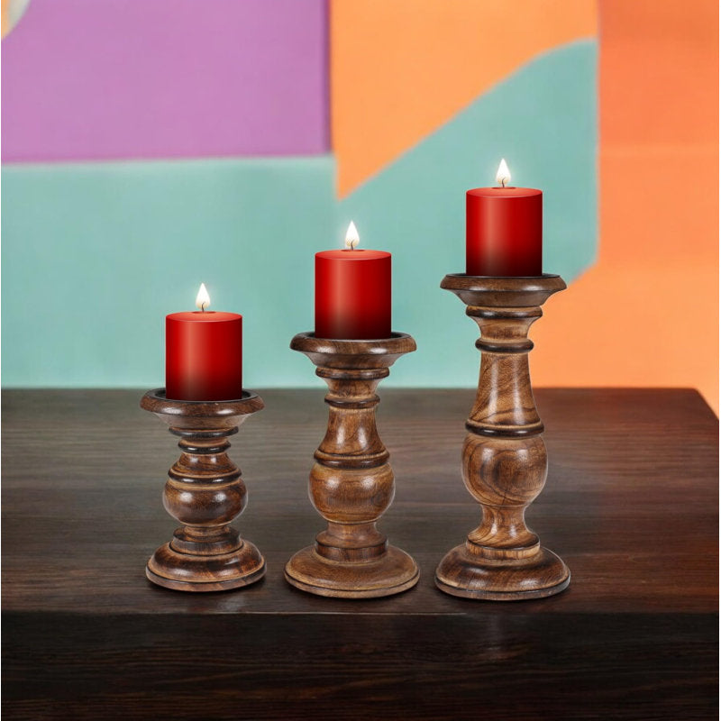 Burnt Finish Wooden Pillar Candle Holders – Set of 3