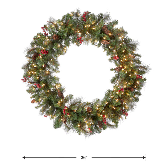 48 Inch Pre-Lit Wintry Pine Wreath with Clear Lights Red Berries Pinecones | USA Decoration®