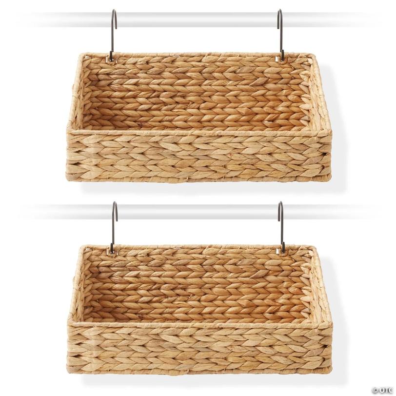 Casafield 2pk Hanging Baskets with Hooks, Woven Hyacinth Wall Mount Storage Bins, Natural