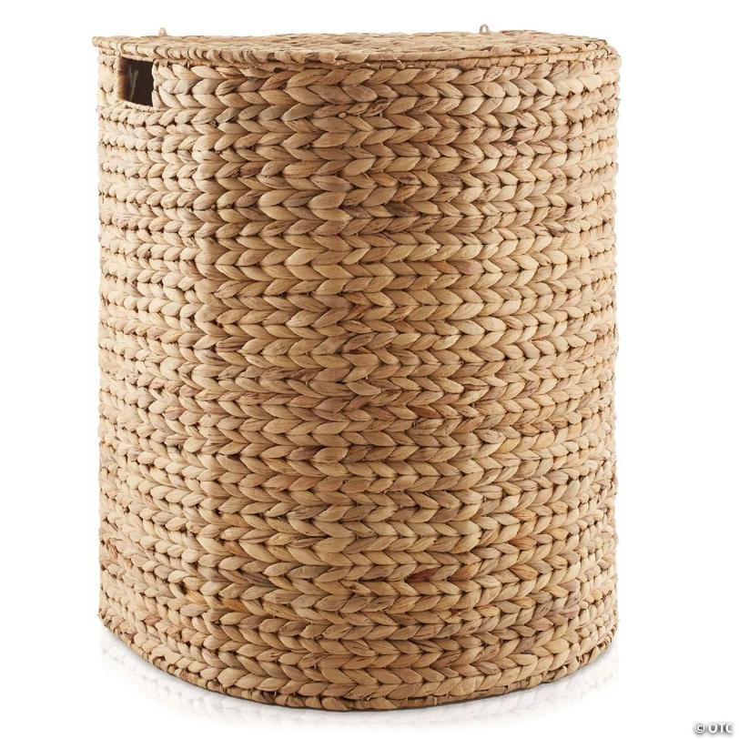 Casafield Half Moon Laundry Hamper Clothes Basket w Lid & Liner, Natural Wicker Hyacinth