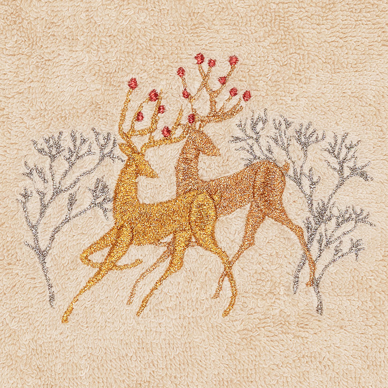 Christmas Deer Pair Embroidered Luxury Turkish Cotton Hand Towel