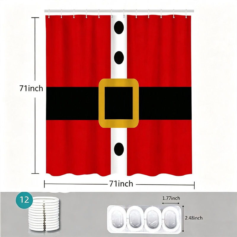 Christmas Holiday Shower Curtain, Santa Claus Suit Belt Buckle Pattern Waterproof Fabric Bath Curtain for Bathroom Decoration
