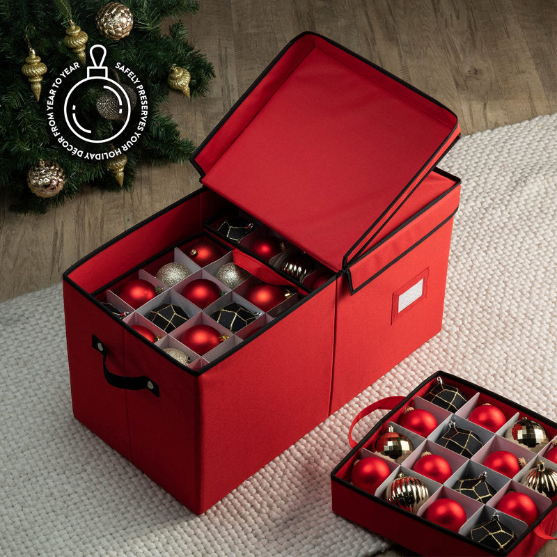 Christmas Ornament Storage Box - Stores 128 3" Ornaments with Individual Trays - Tear Proof 600D Oxford Fabric - ornament organizer storage box, Durable Christmas Containers Holder - Red