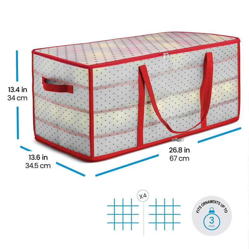 Christmas Ornament Storage Box - Stores 128 Ornaments W/ 2 Sided Zipper - Flexible Plastic Christmas Ornament Storage Containers - 3 Inch Cube Compartments - Red
