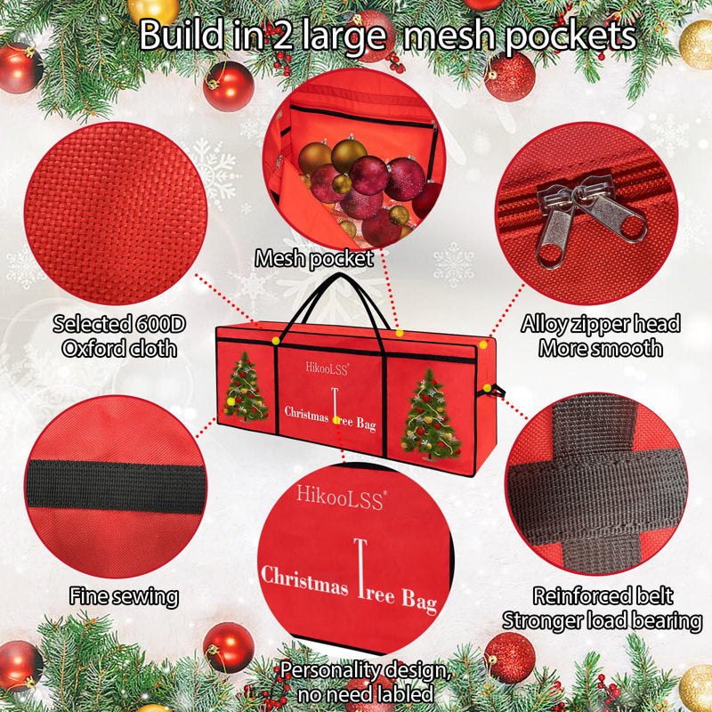 Christmas Tree Storage Bag For 7.5 Ft Artificial Trees - Heavy Duty 600D Oxford Fabric With Handles, Red Waterproof Holiday Decoration Organizer Container (60X18x25in)